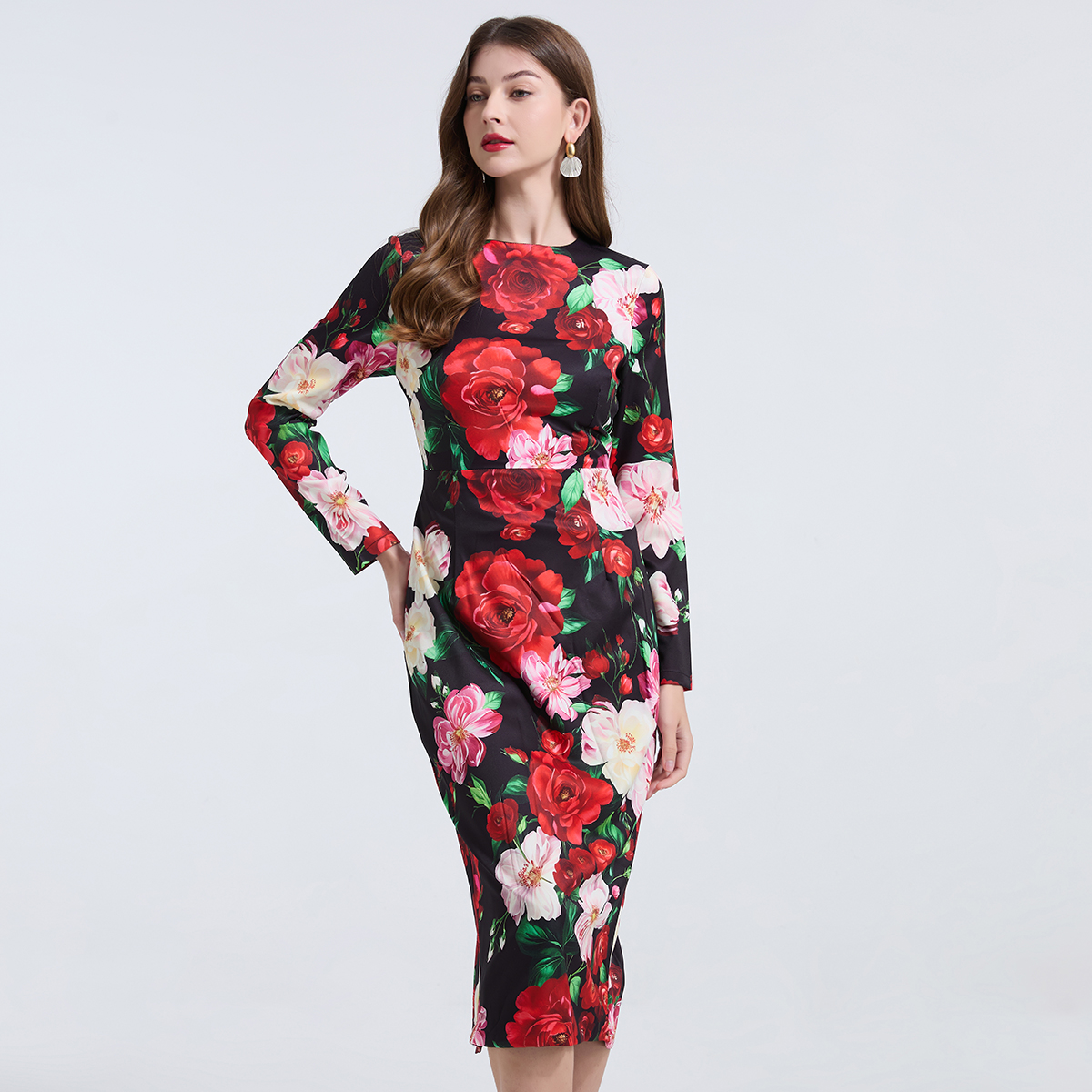 Realistic shooting of European and American style positioning strip rose big flower slim fit hip hugging dress with high waist round neck long sleeved skirt Realistic shooting of European and American style positioning strip rose big flower slim fit hip hugging dress with high waist round neck long sleeved skirt