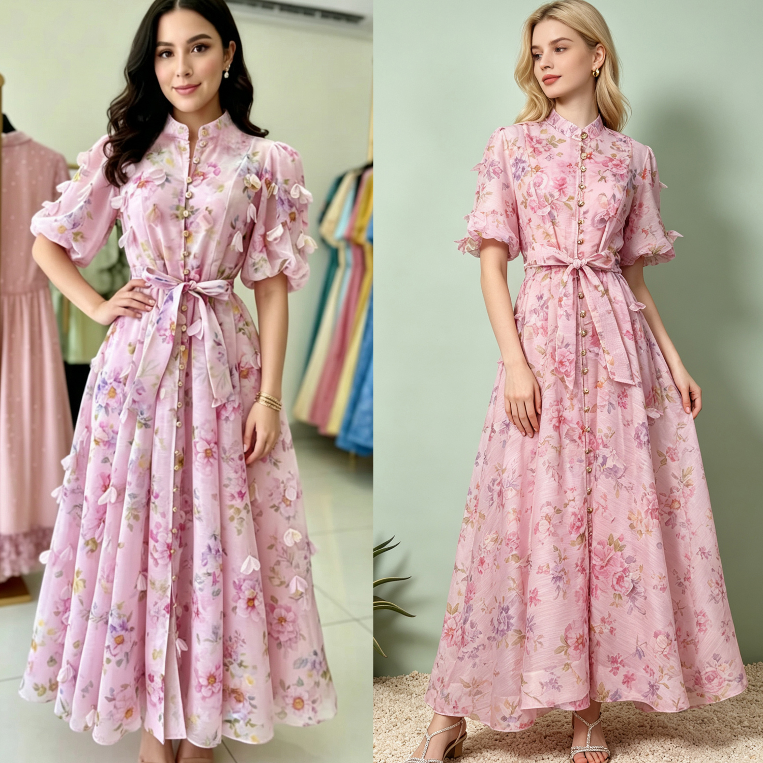 Australian new retro printed elegant socialite temperament heavy three-dimensional flower single breasted waist slimming dress Australian new retro printed elegant socialite temperament heavy three-dimensional flower single breasted waist slimming dress