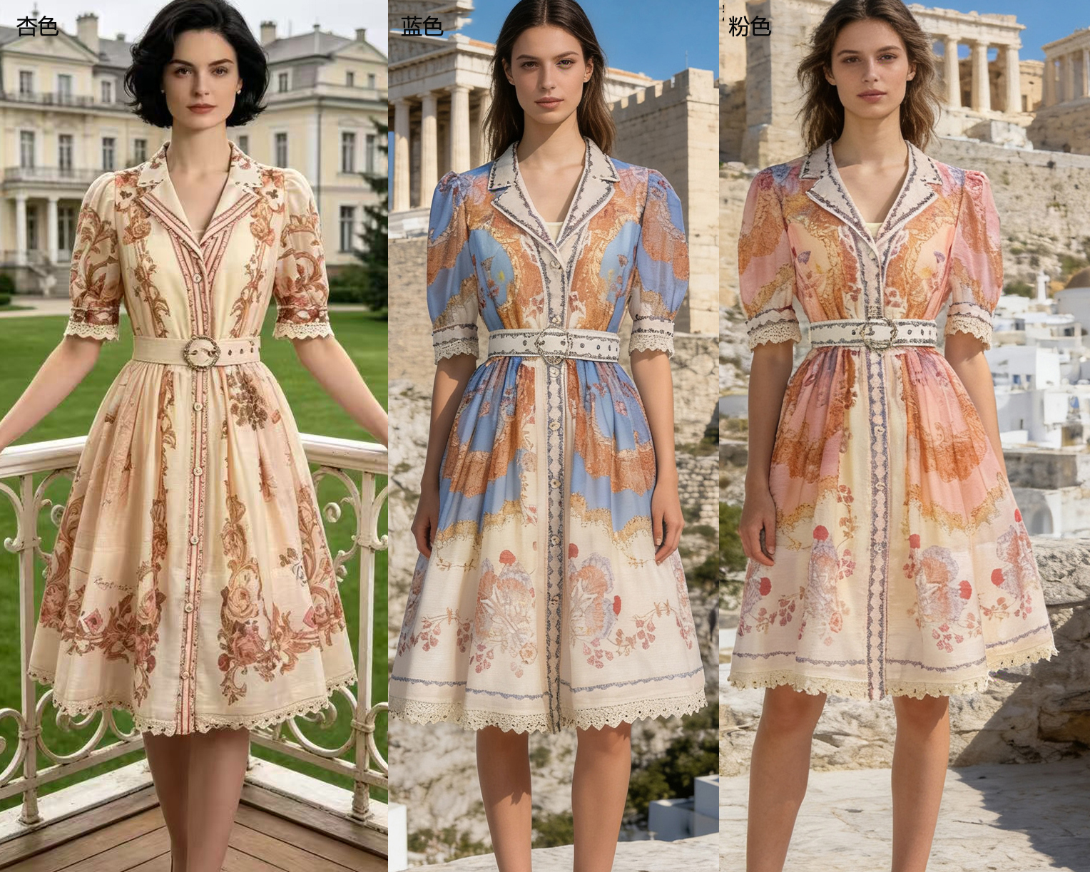 European and American niche retro printed small lapel bubble sleeve lace nail bead large swing waist slimming dress two-piece set European and American niche retro printed small lapel bubble sleeve lace nail bead large swing waist slimming dress two-piece set