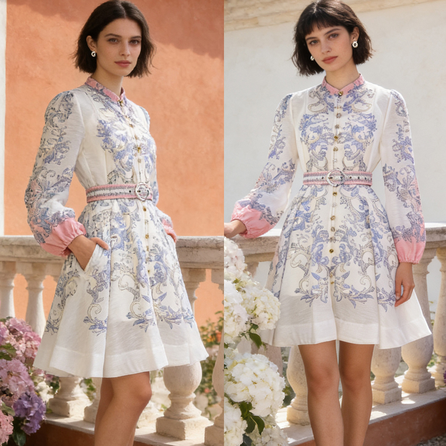 Australian light luxury early autumn new item positioning: printed stand collar lantern sleeves, waist cinching and slimming two-piece dress, short skirt Australian light luxury early autumn new item positioning: printed stand collar lantern sleeves, waist cinching and slimming two-piece dress, short skirt