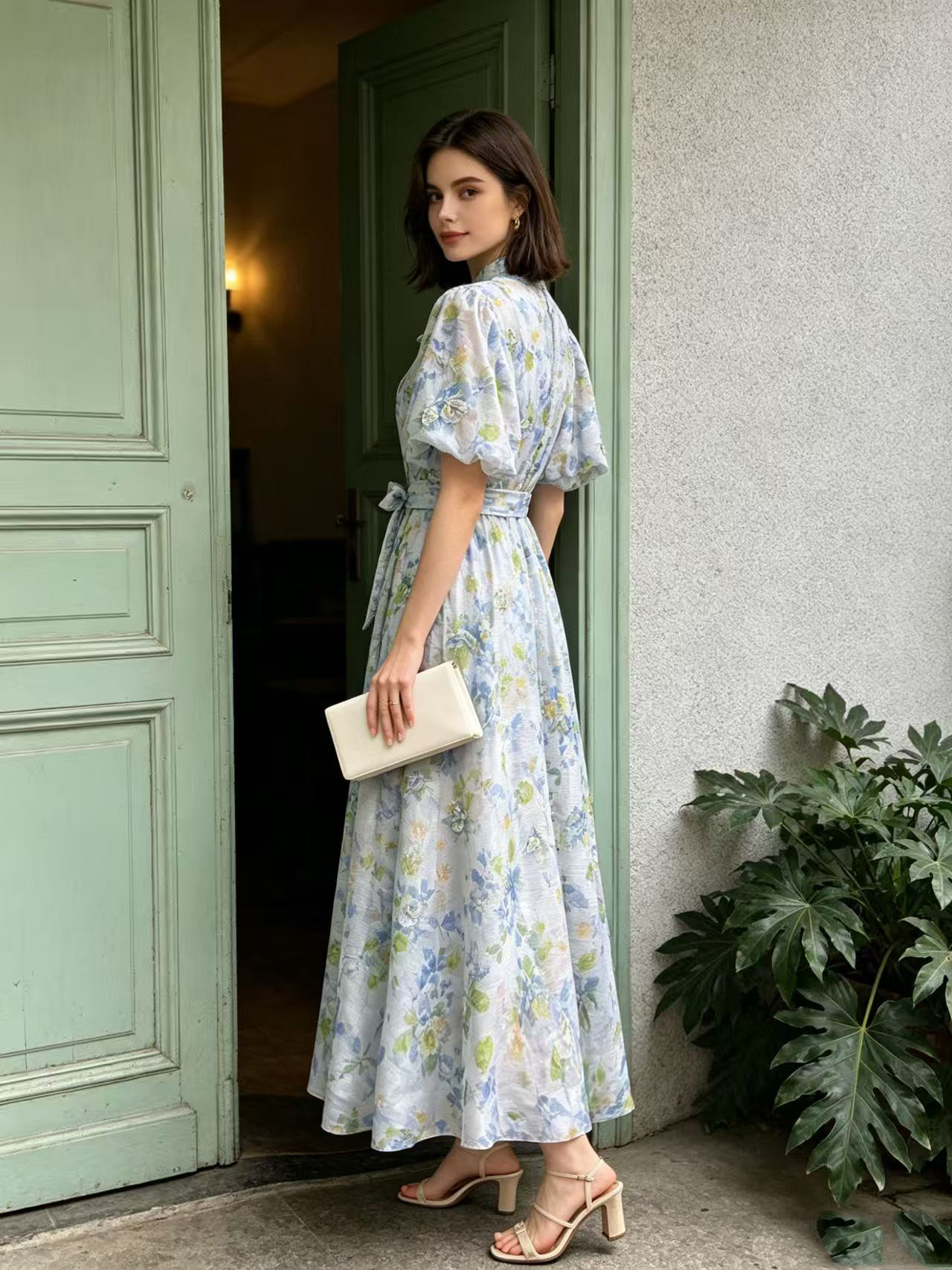 European and American elegant socialite temperament retro printed heavy three-dimensional flower stand up collar single breasted waist slimming dress European and American elegant socialite temperament retro printed heavy three-dimensional flower stand up collar single breasted waist slimming dress