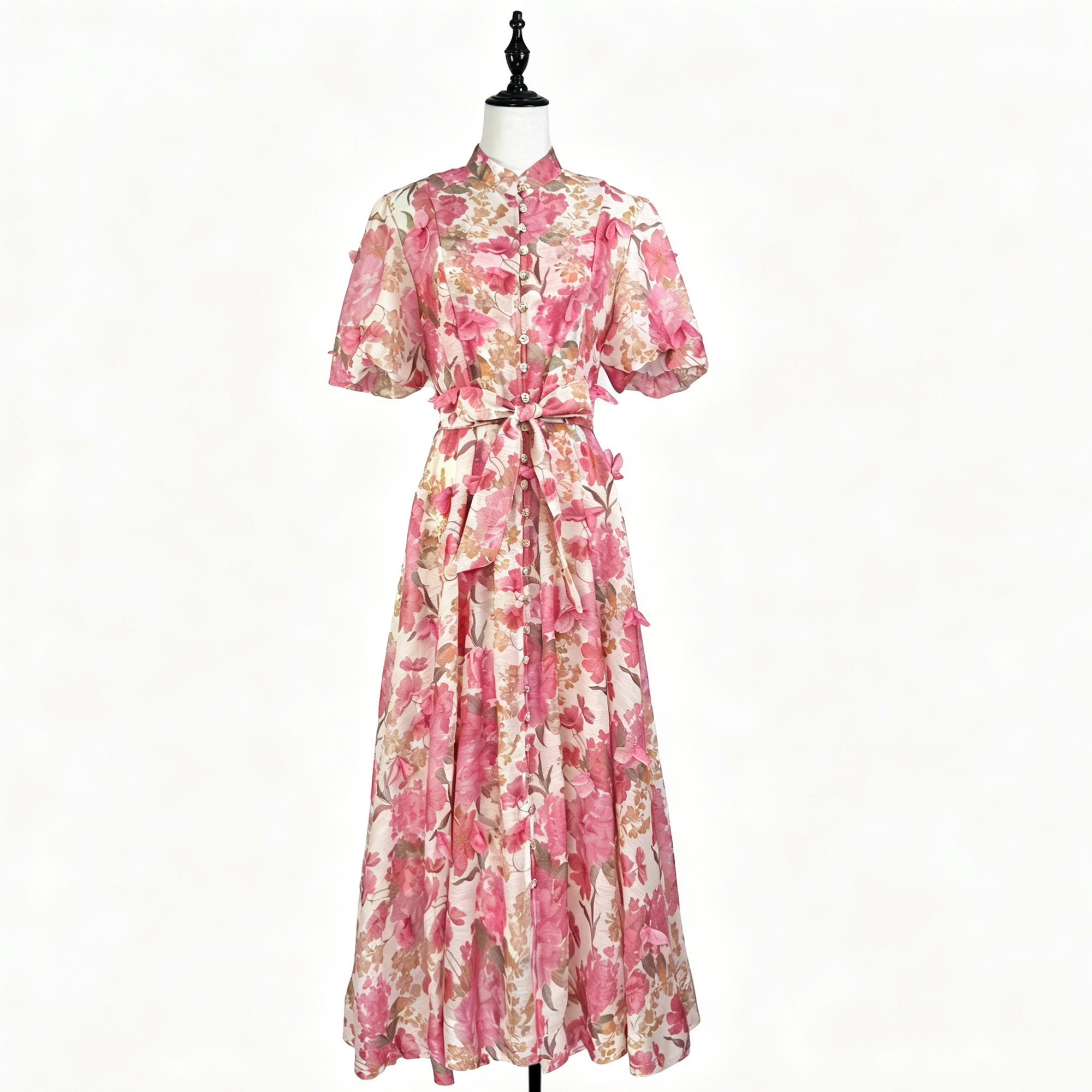 Australian new retro printed elegant socialite temperament heavy three-dimensional flower single breasted waist slimming dress Australian new retro printed elegant socialite temperament heavy three-dimensional flower single breasted waist slimming dress
