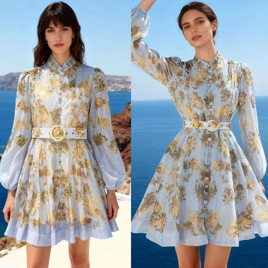 Australian light luxury early autumn new item positioning: printed stand collar lantern sleeves, waist cinching and slimming two-piece dress, short skirt Australian light luxury early autumn new item positioning: printed stand collar lantern sleeves, waist cinching and slimming two-piece dress, short skirt