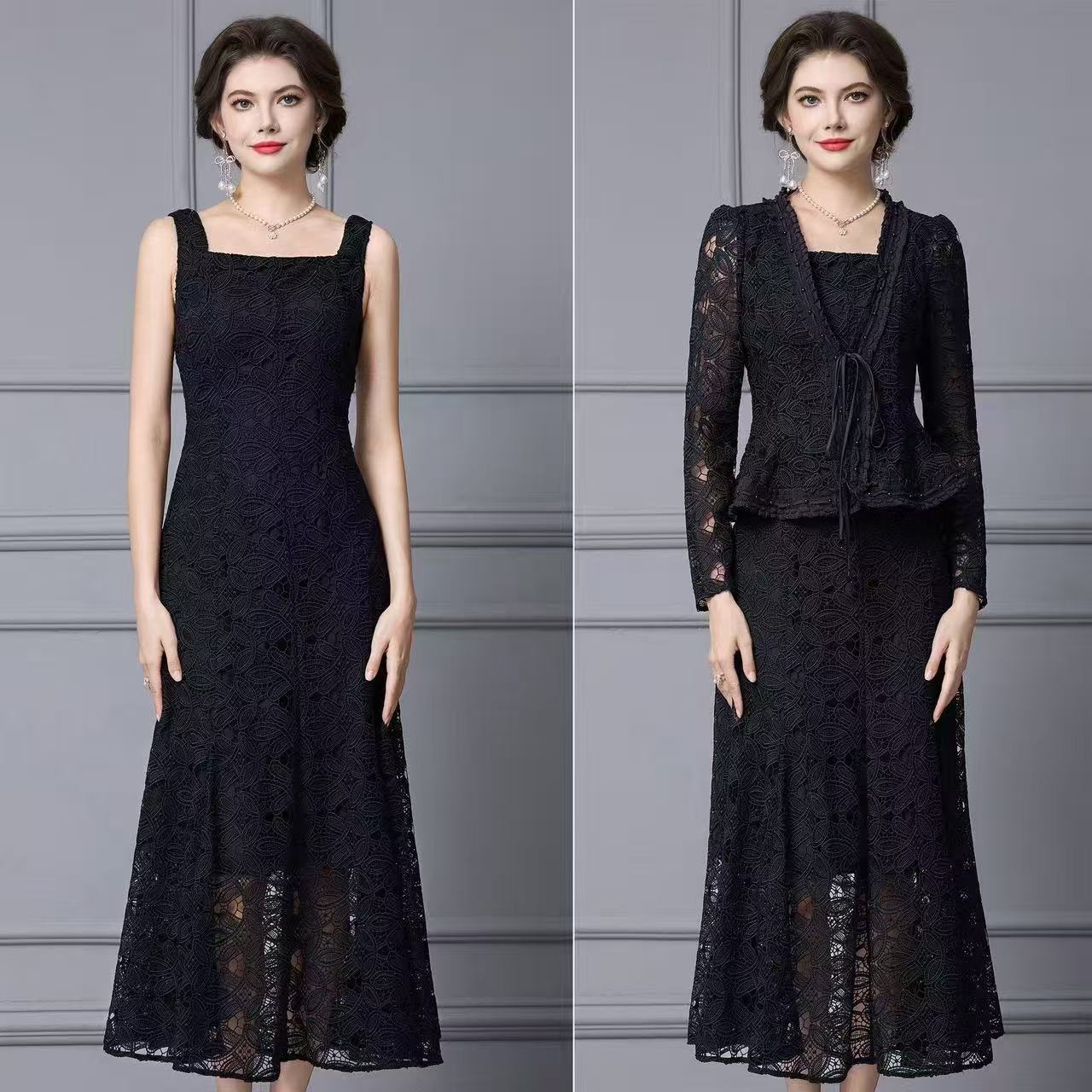 2026 Water soluble lace slim fit ruffle edge high waisted jacket two-piece dress set 2026 Water soluble lace slim fit ruffle edge high waisted jacket two-piece dress set