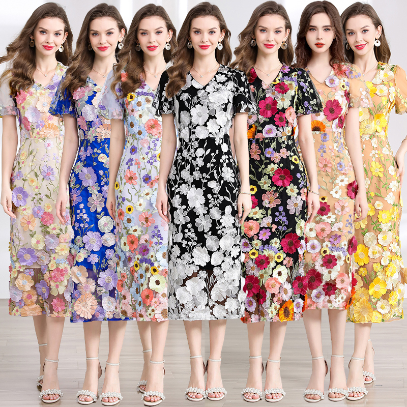 Real shot 774 # Heavy Industry Embroidery 3D Stickers Summer Elegant Bubble Sleeve Dress V-neck Split Dress
