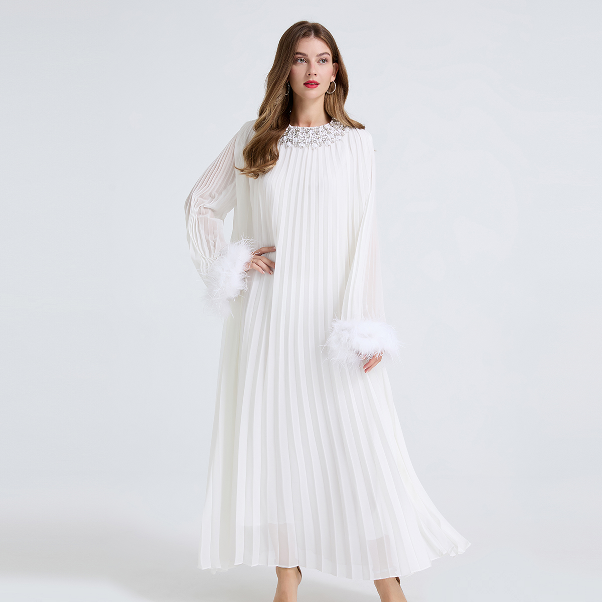 High version super heavy industry nail drill pleated large size oversized swing dress with real ostrich double hair and small waist belt as a gift High version super heavy industry nail drill pleated large size oversized swing dress with real ostrich double hair and small waist belt as a gift