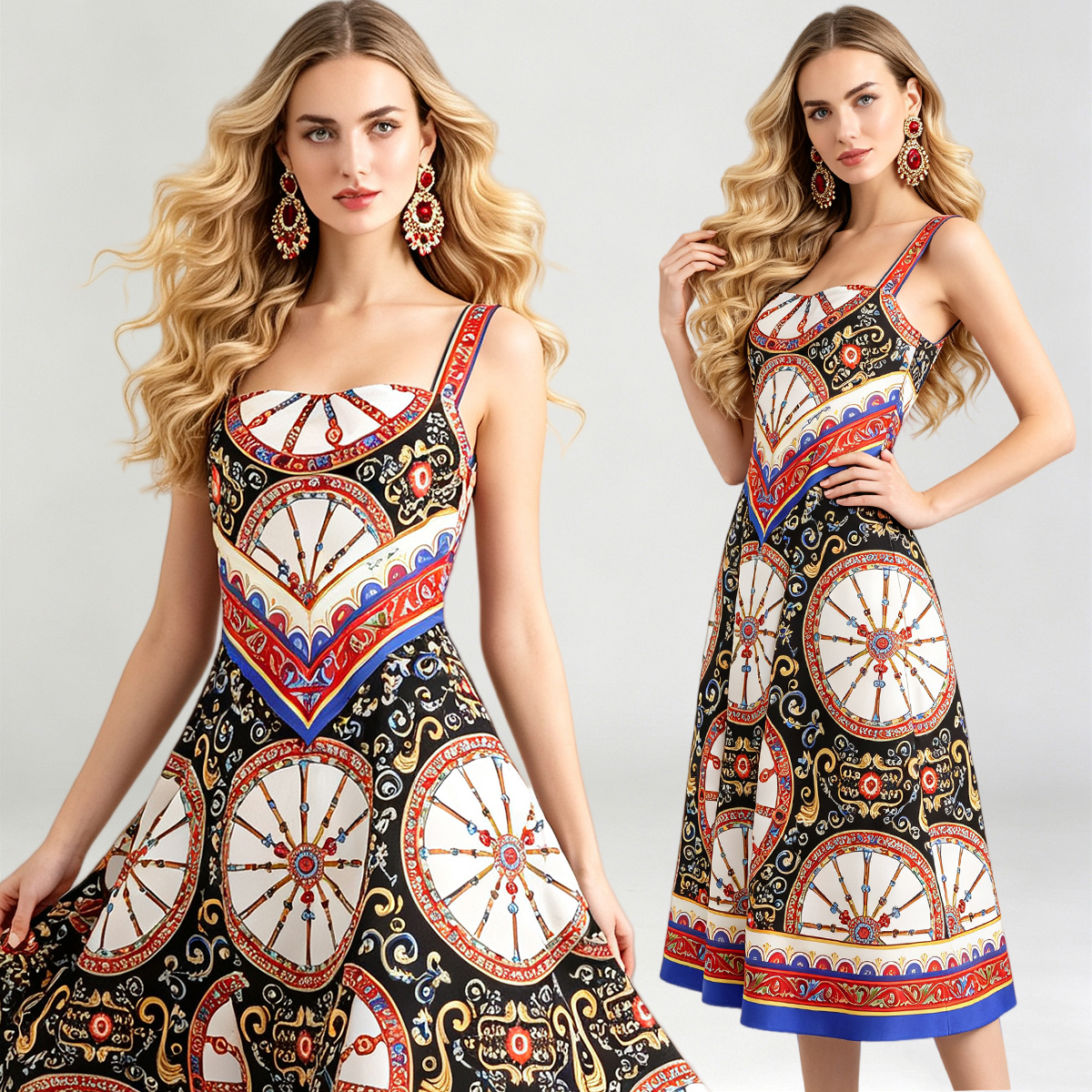 Baroque style printed positioning fake 2-piece camisole skirt with waist cinching and large swing style dress