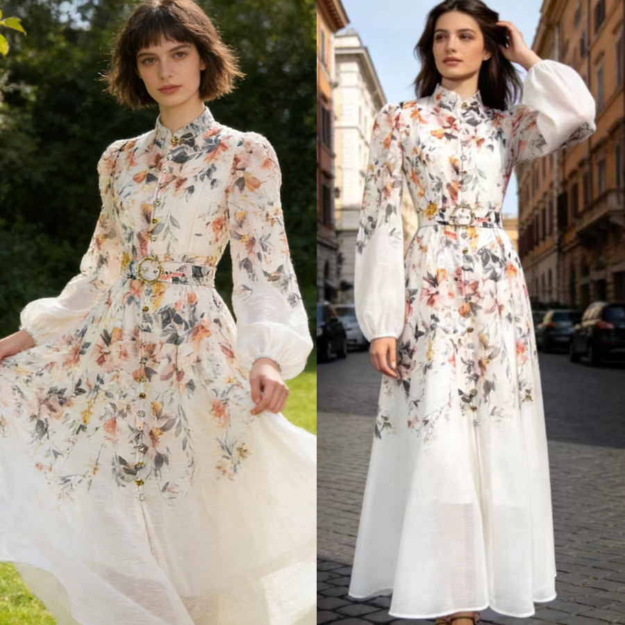 French high-end two-piece dress with retro print stand up collar lantern sleeves and waist cinching big swing dress, long skirt French high-end two-piece dress with retro print stand up collar lantern sleeves and waist cinching big swing dress, long skirt
