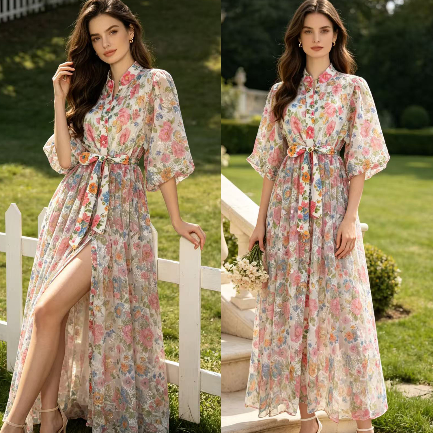 French court style heavy industry embroidery lace flower bubble sleeve single breasted waist slimming dress long skirt