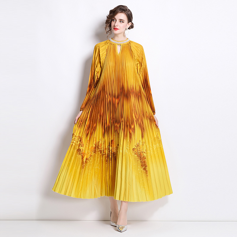 Original 2026 high-end nail bead positioning printed pleated pearl buckle pleated long skirt Original 2026 high-end nail bead positioning printed pleated pearl buckle pleated long skirt
