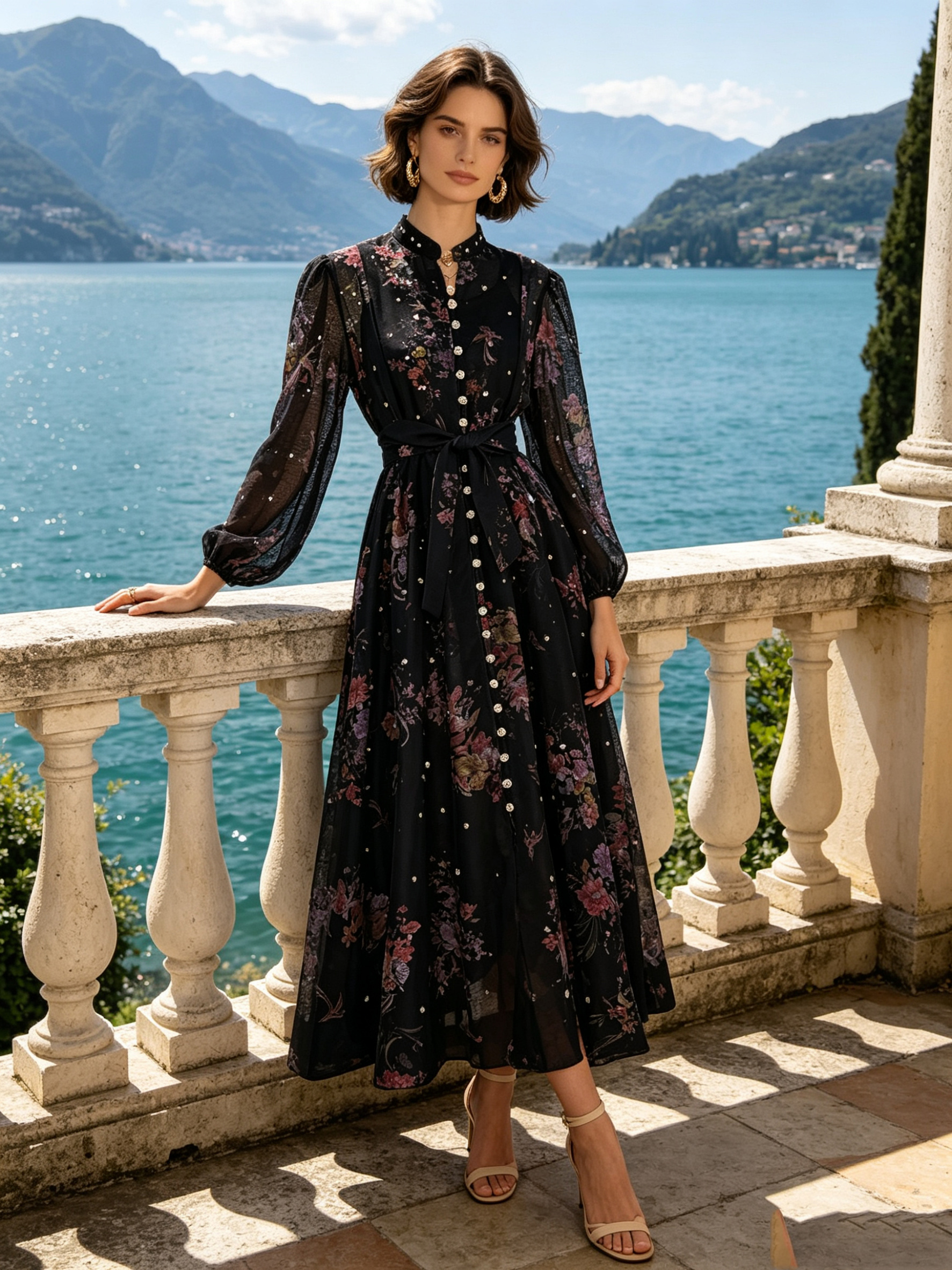 Australian retro print stand up collar lantern sleeves long sleeves heavy studded beads elegant socialite temperament two-piece dress long Australian retro print stand up collar lantern sleeves long sleeves heavy studded beads elegant socialite temperament two-piece dress long