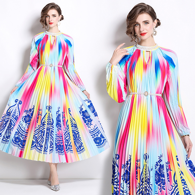 Original 2026 high-end nail bead positioning printed pleated pearl buckle pleated long skirt