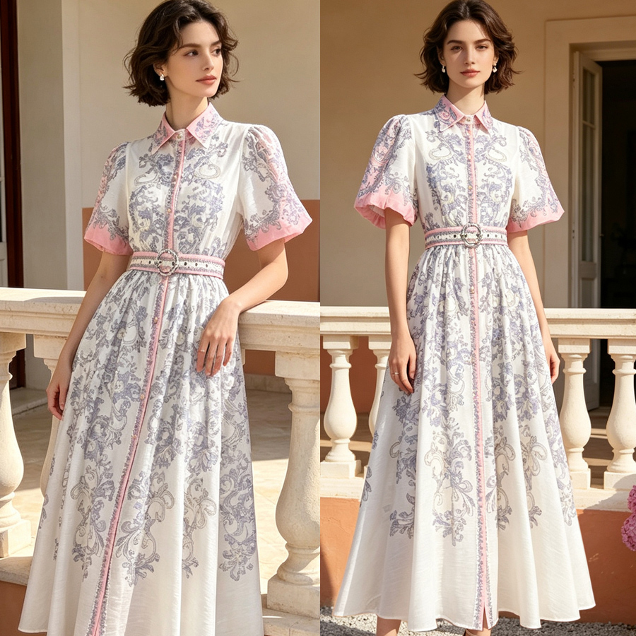 Australian retro printed elegant socialite temperament with a lapel and bubble sleeves, short sleeved summer waist slimming dress, long skirt Australian retro printed elegant socialite temperament with a lapel and bubble sleeves, short sleeved summer waist slimming dress, long skirt