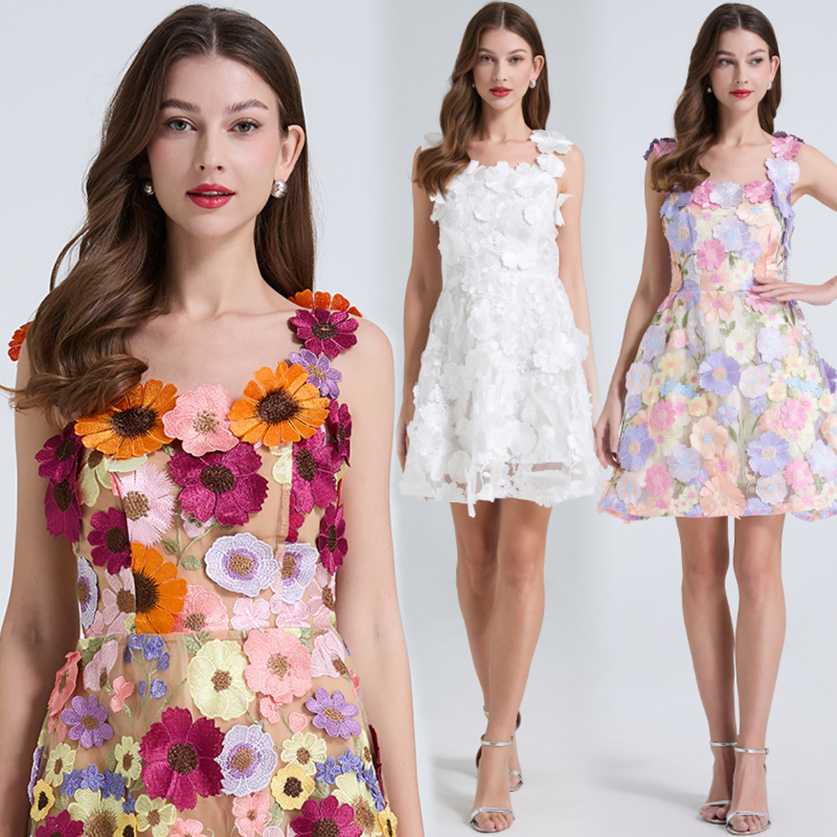 Real shot of Heavy Industry Embroidered Flower Slimming Strap Dress for Europe Station, niche High Waist Small Dress