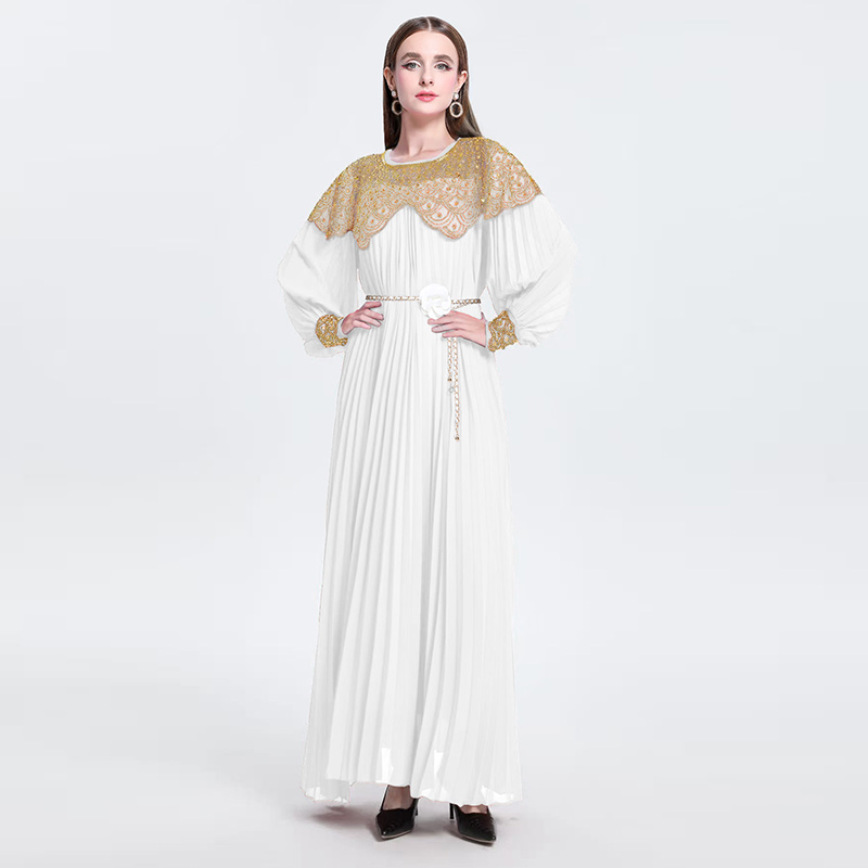 Light luxury high-end embroidered bead sequin round neck long sleeved dress, super fairy pleated elegant dress Light luxury high-end embroidered bead sequin round neck long sleeved dress, super fairy pleated elegant dress