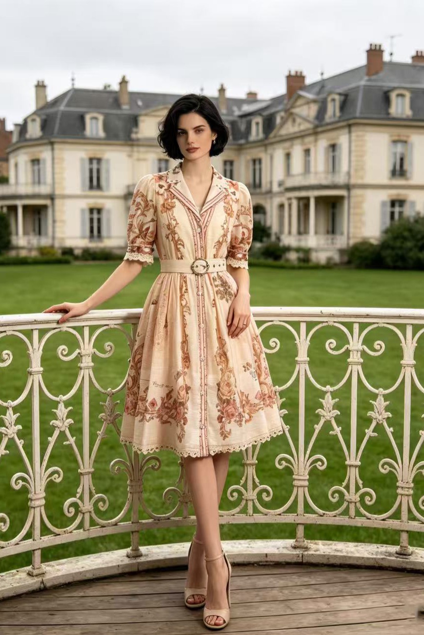 European and American niche retro printed small lapel bubble sleeve lace nail bead large swing waist slimming dress two-piece set European and American niche retro printed small lapel bubble sleeve lace nail bead large swing waist slimming dress two-piece set