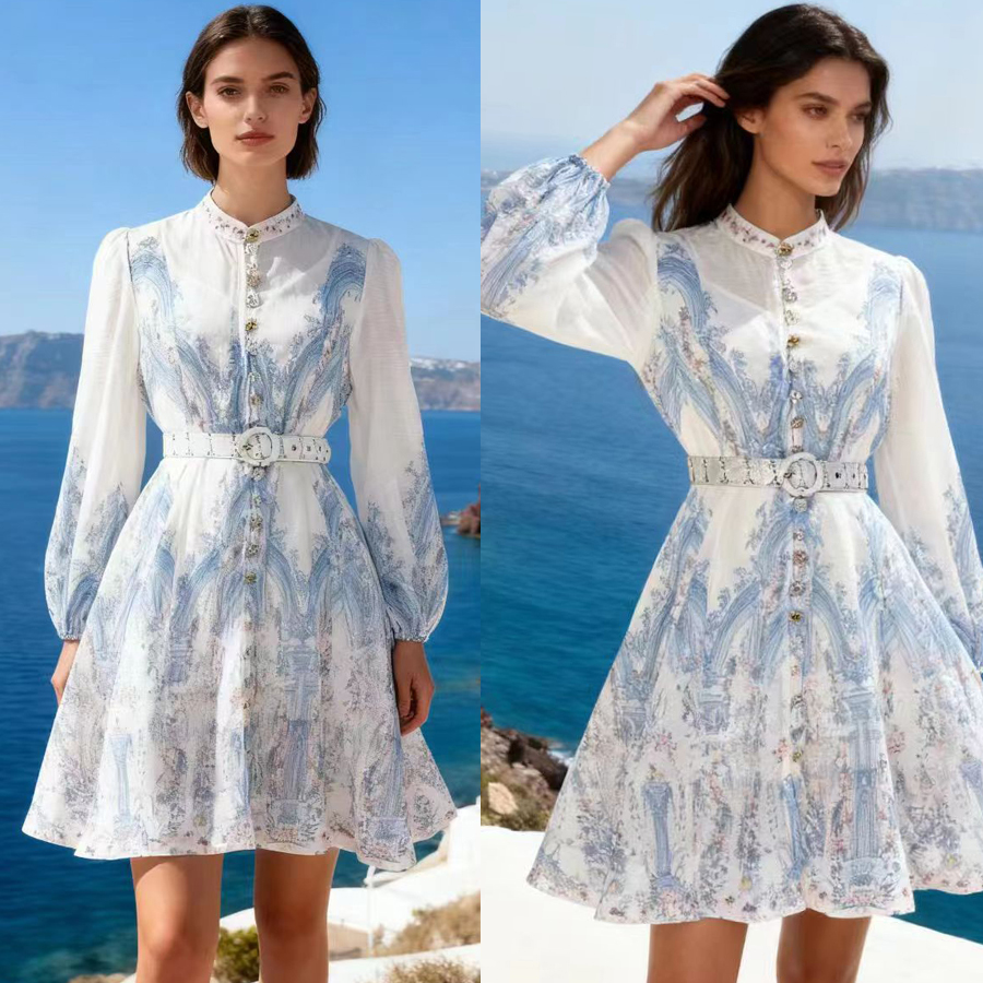 Australian light luxury early autumn new item positioning: printed stand collar lantern sleeves, waist cinching and slimming two-piece dress, short skirt Australian light luxury early autumn new item positioning: printed stand collar lantern sleeves, waist cinching and slimming two-piece dress, short skirt