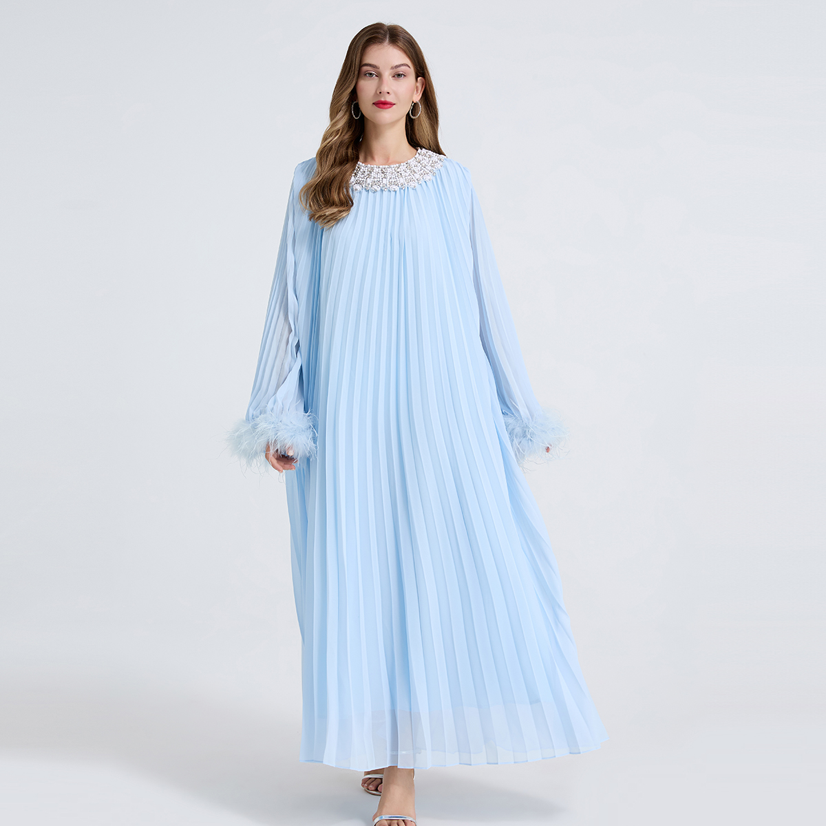 High version super heavy industry nail drill pleated large size oversized swing dress with real ostrich double hair and small waist belt as a gift High version super heavy industry nail drill pleated large size oversized swing dress with real ostrich double hair and small waist belt as a gift