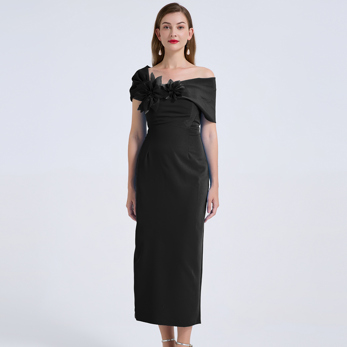 Real shot sexy off shoulder asymmetrical design three-dimensional flower slim fit hip hugging dress evening dress Real shot sexy off shoulder asymmetrical design three-dimensional flower slim fit hip hugging dress evening dress