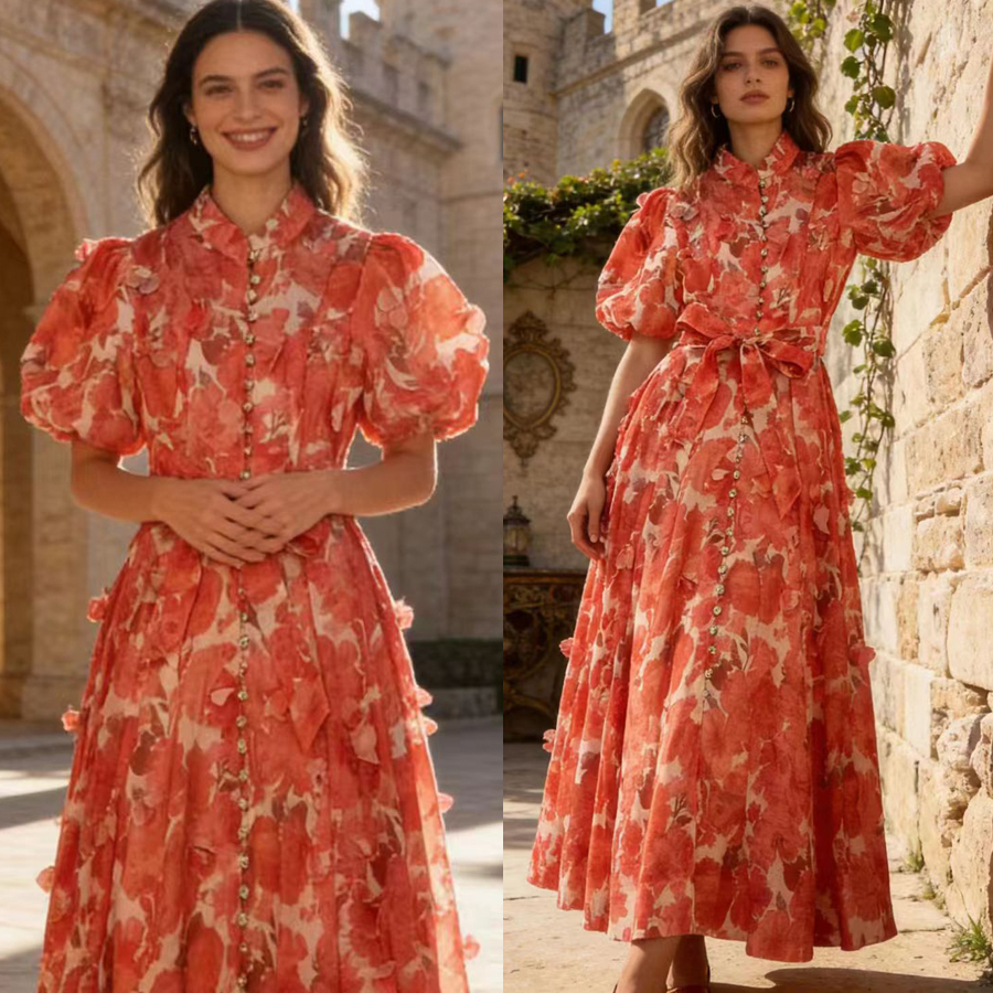 European and American elegant socialite temperament retro printed heavy three-dimensional flower stand up collar single breasted waist slimming dress European and American elegant socialite temperament retro printed heavy three-dimensional flower stand up collar single breasted waist slimming dress