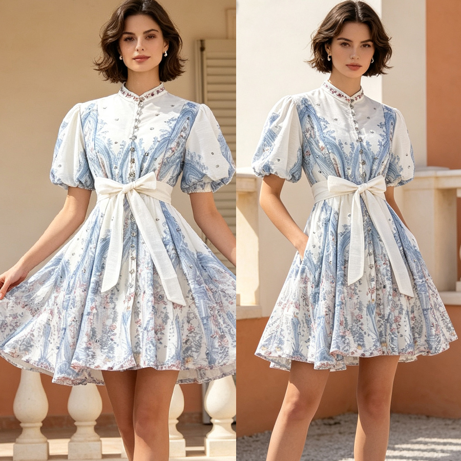 Australian vacation style summer new French retro printed bubble sleeves short sleeves studded diamond single breasted dress umbrella skirt Australian vacation style summer new French retro printed bubble sleeves short sleeves studded diamond single breasted dress umbrella skirt