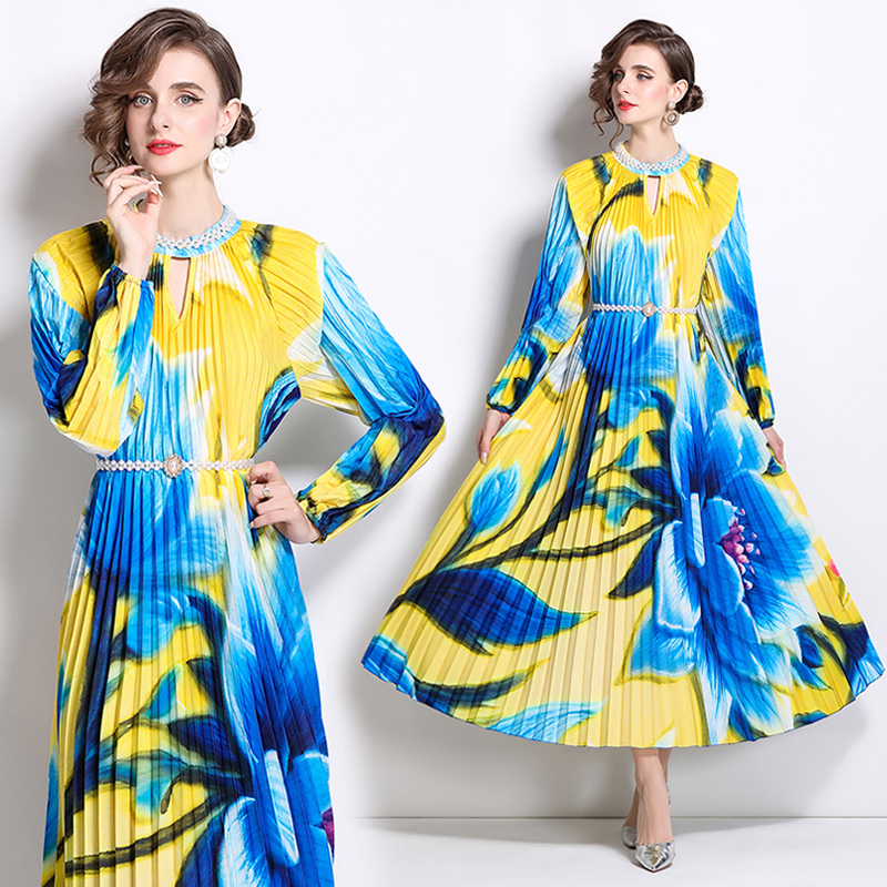 Original 2026 high-end nail bead positioning printed pleated pearl buckle pleated long skirt