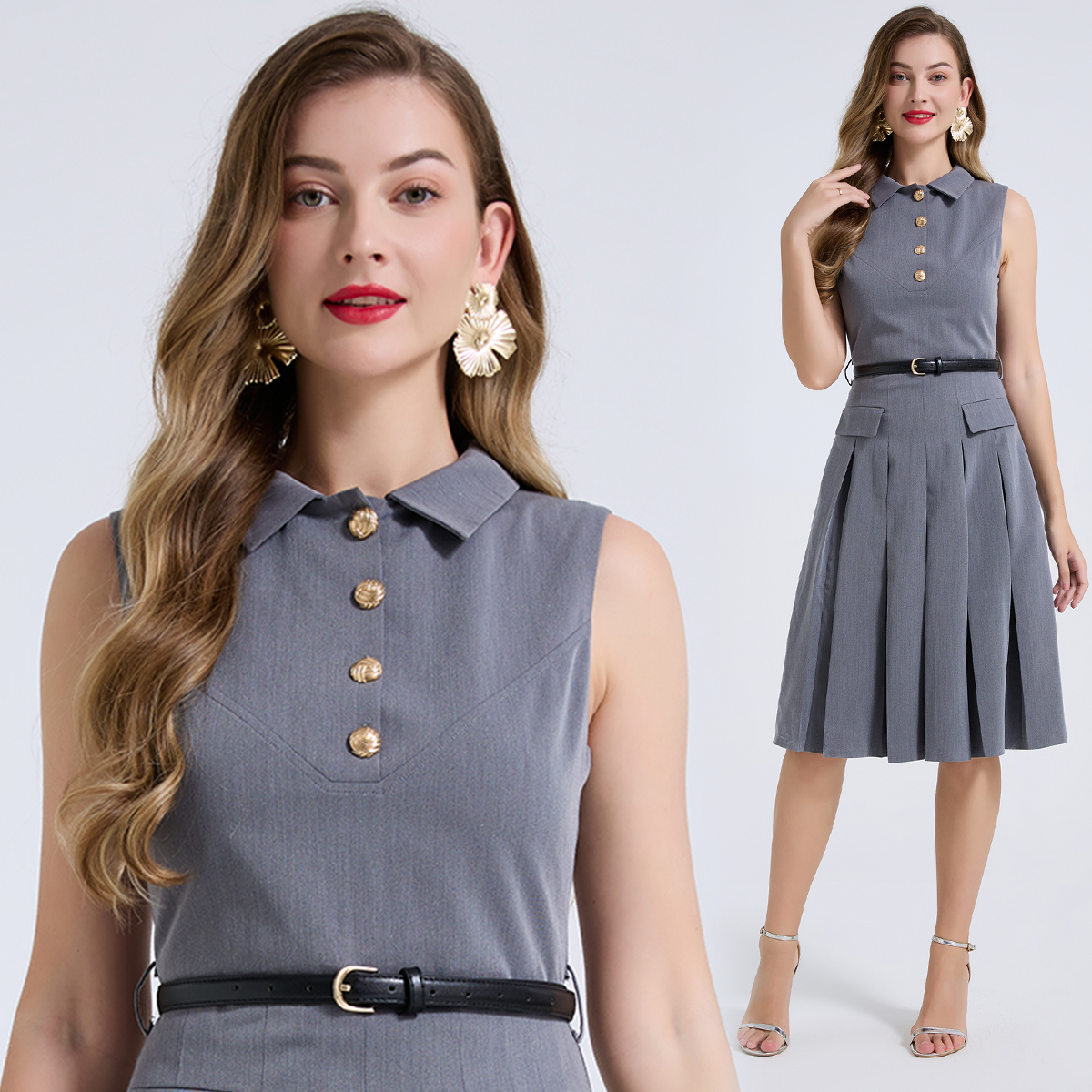 Realistic shooting of high-end gray shirt collar, slim fit high waist pleated skirt, metal buckle sleeveless vest dress