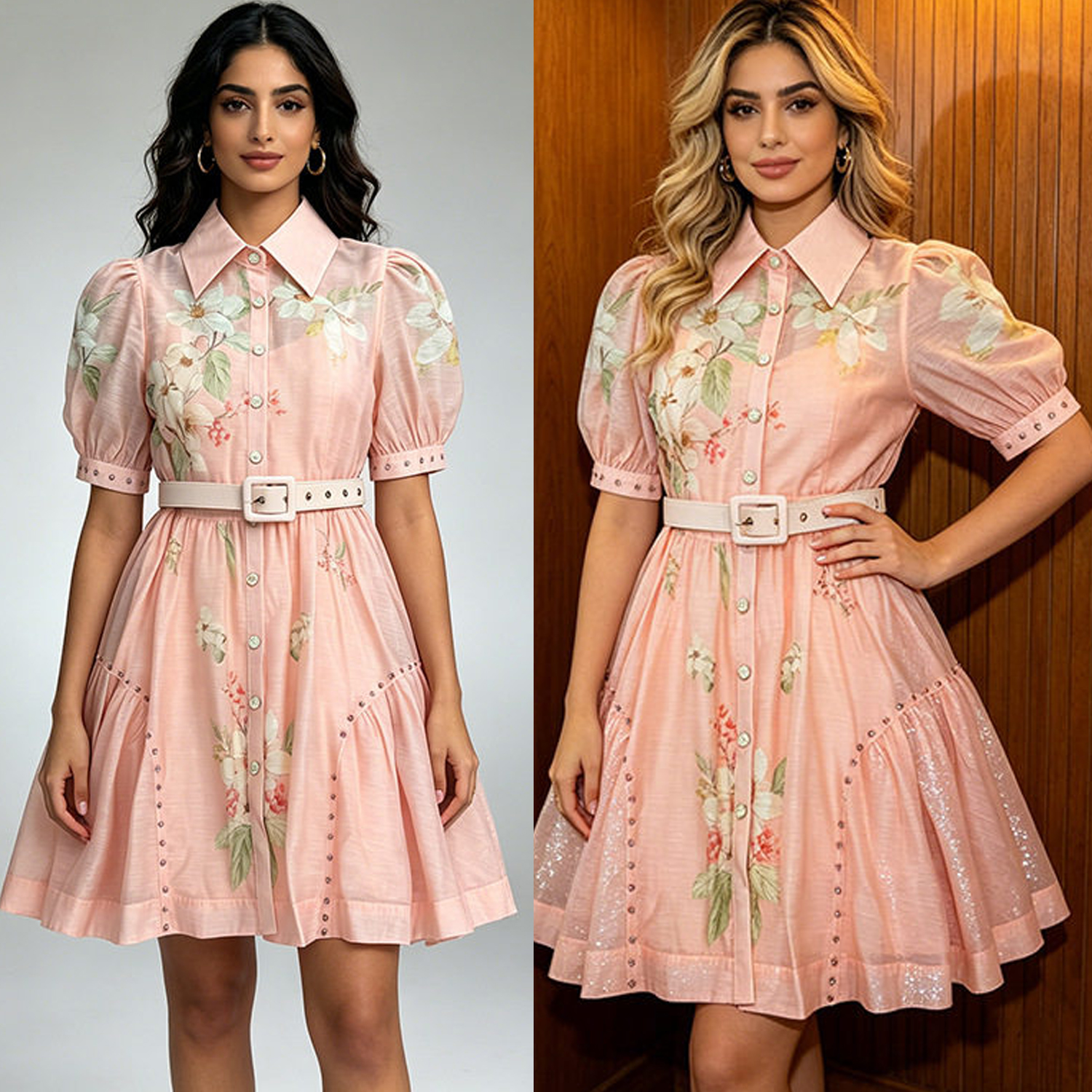 French gentle style pink bubble sleeve plus size dress, beautiful European court style short sleeved elegant short skirt, summer