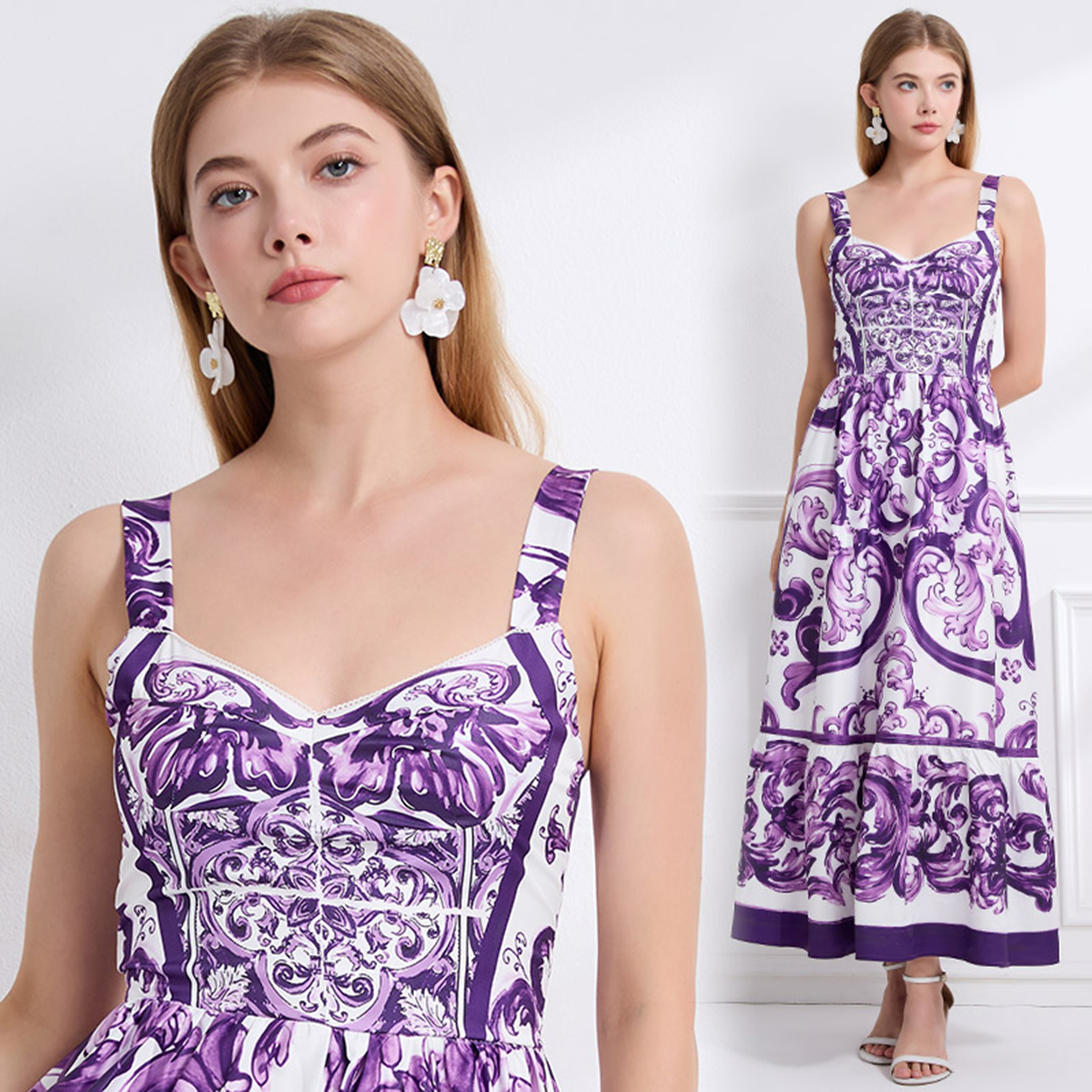 Real time fashion print positioning sling slim fit waist dress with elastic A-line skirt at the back