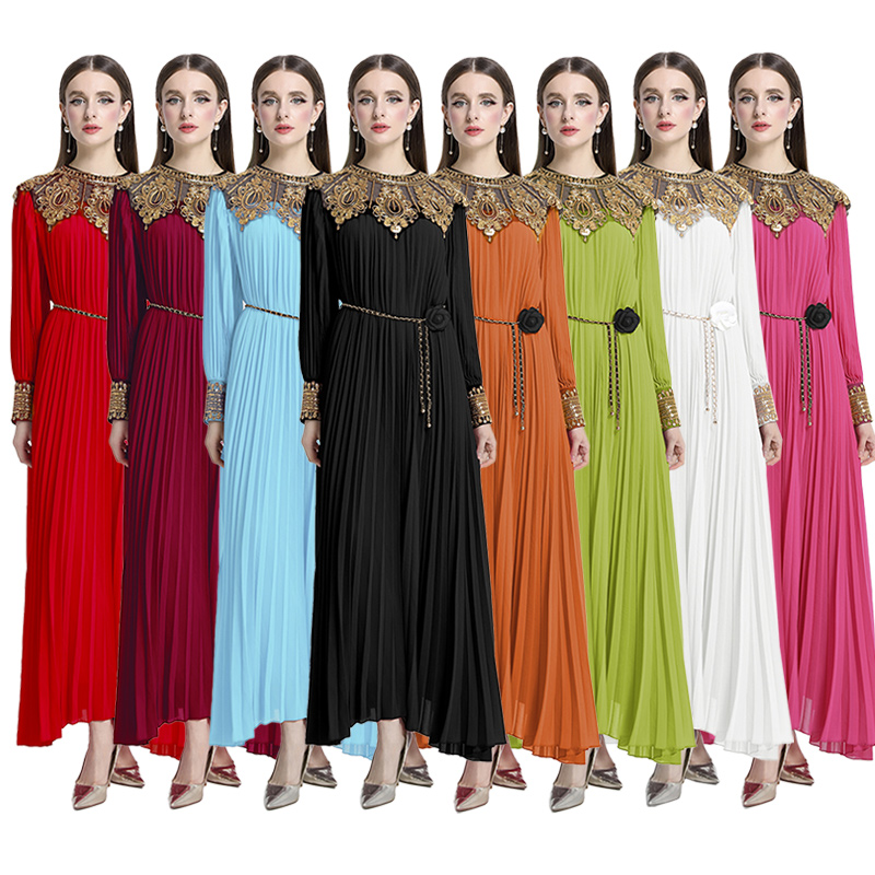 Light luxury high-end embroidered bead sequin round neck long sleeved dress, super fairy pleated elegant dress