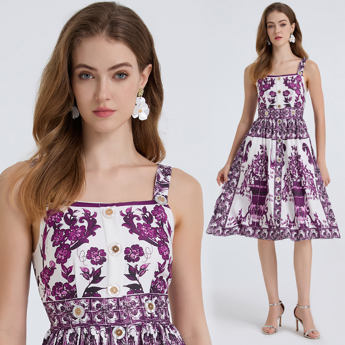 Realistic fashion positioning printed camisole dress, high waist slim fit nail buckle A-line skirt