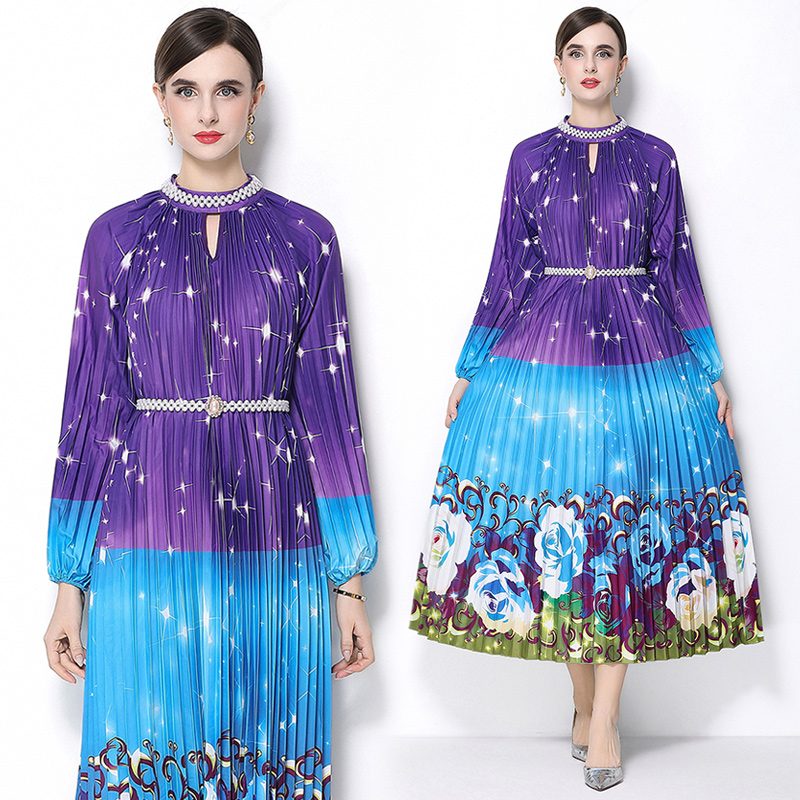 Original 2026 high-end nail bead positioning printed pleated pearl buckle pleated long skirt