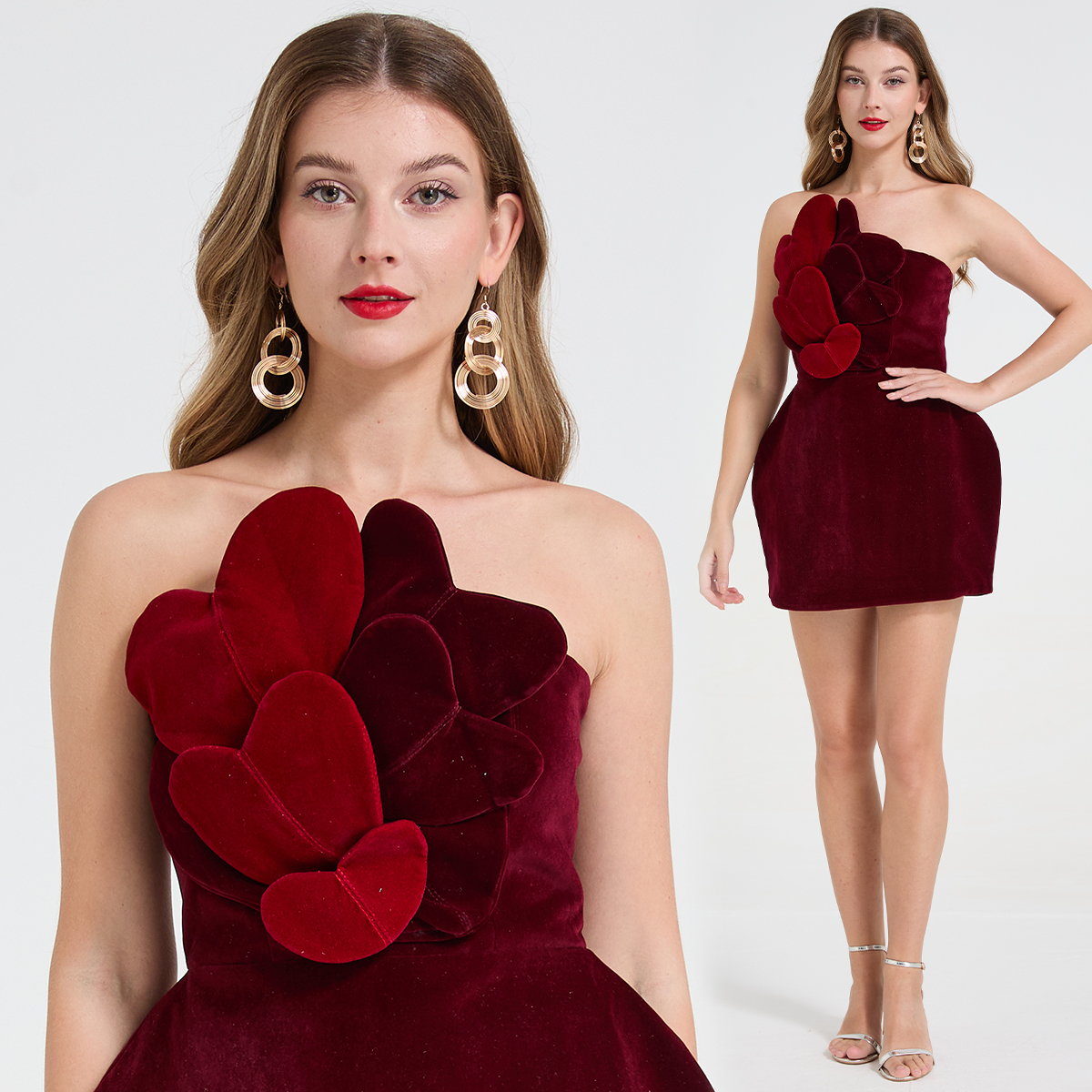 Real time shooting of niche light luxury design, wine red Hong Kong velvet three-dimensional love strapless party dress, banquet dress