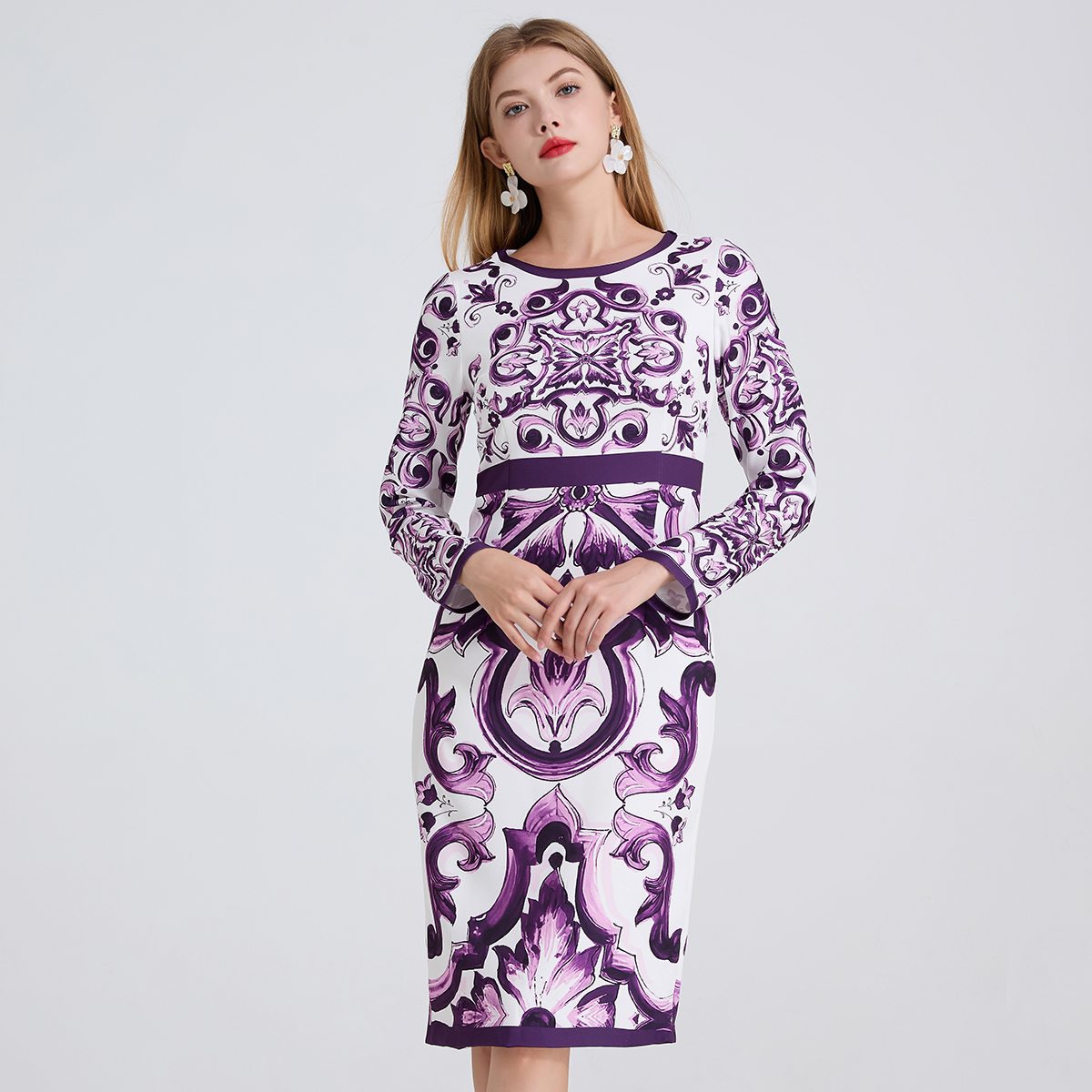 239 New Color Enhancement European and American Positioning Printed Temperament High Waist Bag Hip Dress High Waist Long Sleeve Round Neck Skirt 239 New Color Enhancement European and American Positioning Printed Temperament High Waist Bag Hip Dress High Waist Long Sleeve Round Neck Skirt