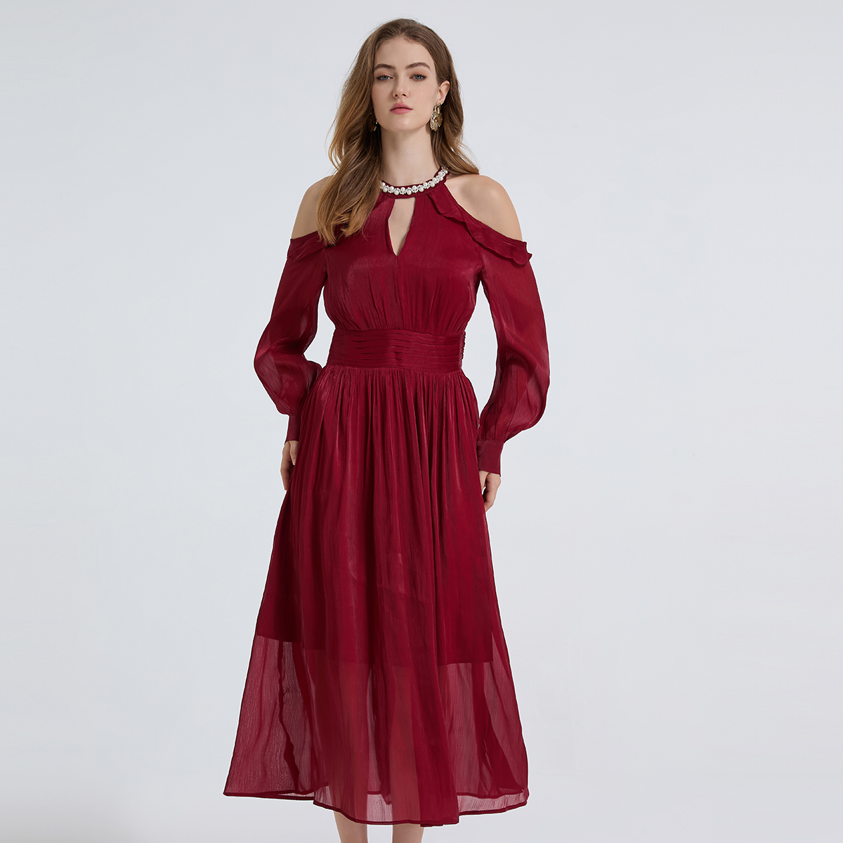 Realistic French Romantic Long Sleeve Heavy duty Nail Bead Flowing Light Off Shoulder Dress with Folding Waist Realistic French Romantic Long Sleeve Heavy duty Nail Bead Flowing Light Off Shoulder Dress with Folding Waist