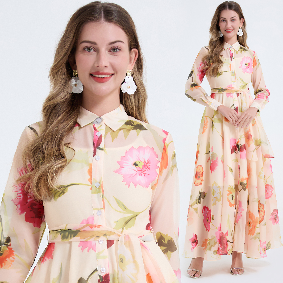 Real shot of European and American printed shirt, long sleeved slim fit waist tied dress, high waist oversized swing long skirt
