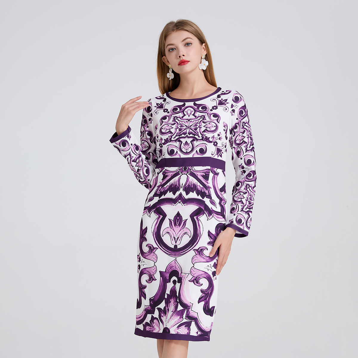 239 New Color Enhancement European and American Positioning Printed Temperament High Waist Bag Hip Dress High Waist Long Sleeve Round Neck Skirt 239 New Color Enhancement European and American Positioning Printed Temperament High Waist Bag Hip Dress High Waist Long Sleeve Round Neck Skirt