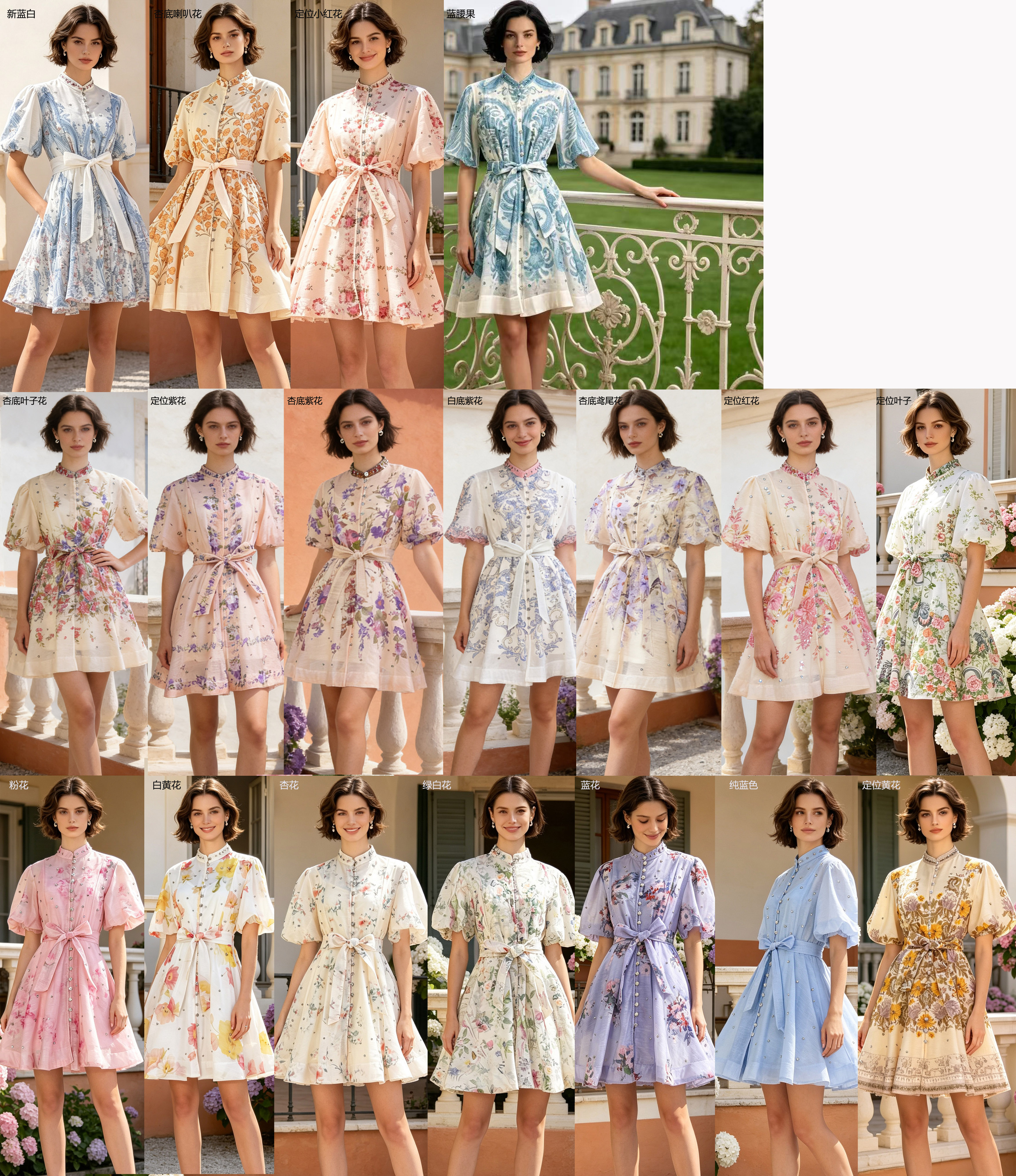 Australian vacation style summer new French retro printed bubble sleeves short sleeves studded diamond single breasted dress umbrella skirt Australian vacation style summer new French retro printed bubble sleeves short sleeves studded diamond single breasted dress umbrella skirt