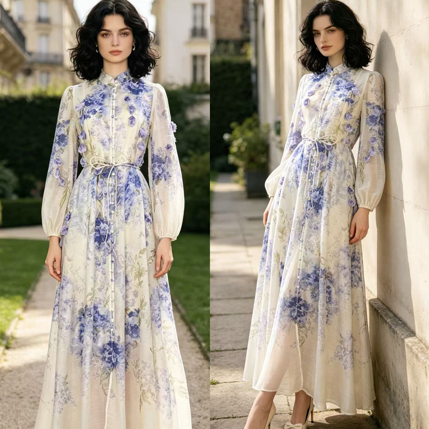 Australian niche 2026 summer elegant stand up collar single breasted heavy industry floral fringe two-piece dress long skirt Australian niche 2026 summer elegant stand up collar single breasted heavy industry floral fringe two-piece dress long skirt
