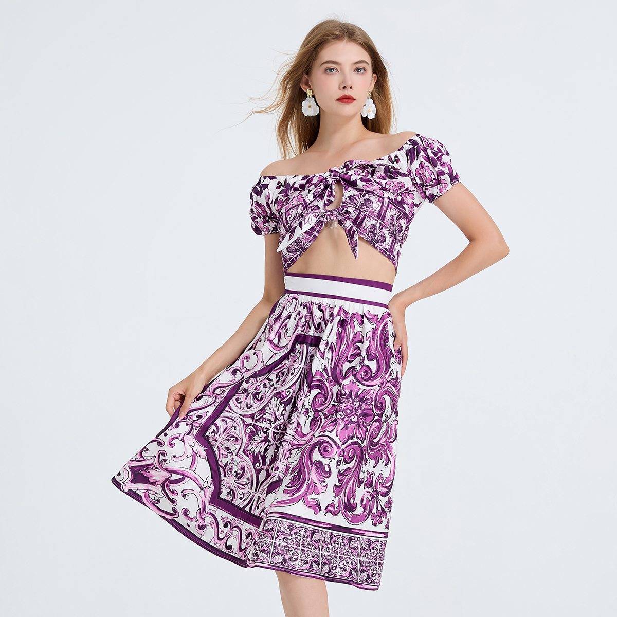 Real shot sexy one shoulder butterfly tie tied short sleeved top+high waisted printed skirt two-piece set Real shot sexy one shoulder butterfly tie tied short sleeved top+high waisted printed skirt two-piece set