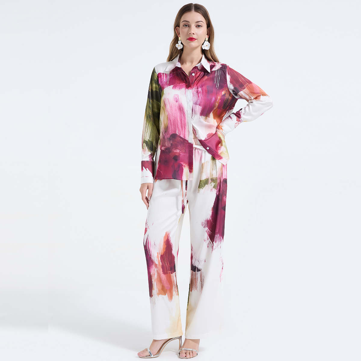 Real time shooting of spring and summer blended printed long sleeved loose shirt+loose wide leg pants fashion two-piece set Real time shooting of spring and summer blended printed long sleeved loose shirt+loose wide leg pants fashion two-piece set