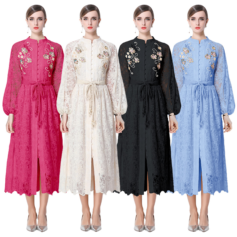 Palace Embroidery Water soluble Lace Retro Long Dress Heavy Industry Versatile Dress