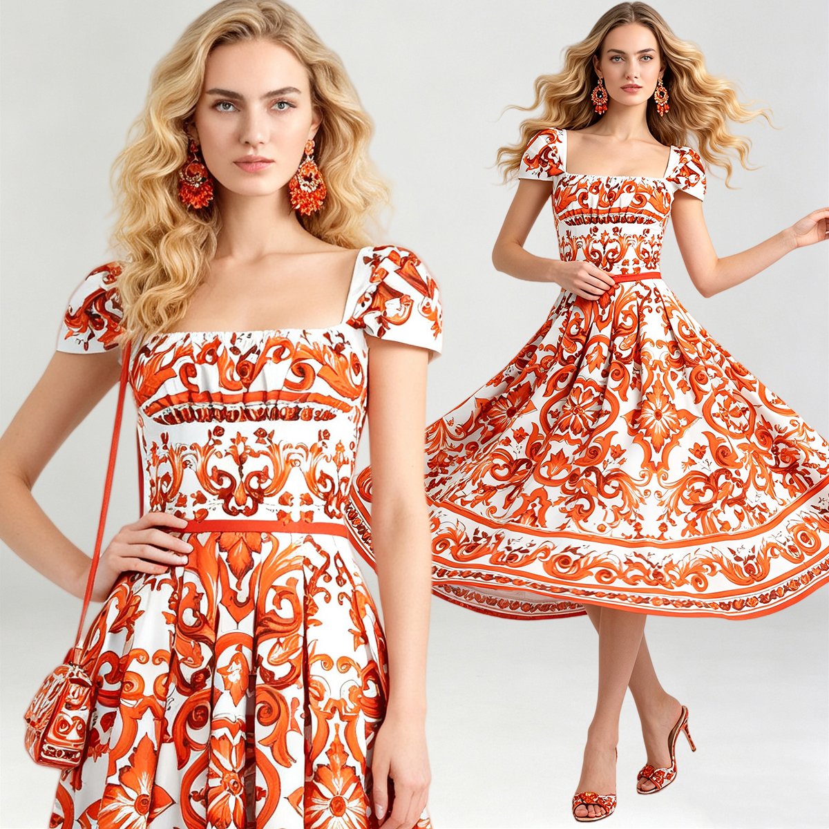 Summer floral high waisted pleated camisole slim fit dress with square neckline and large swing A-line skirt