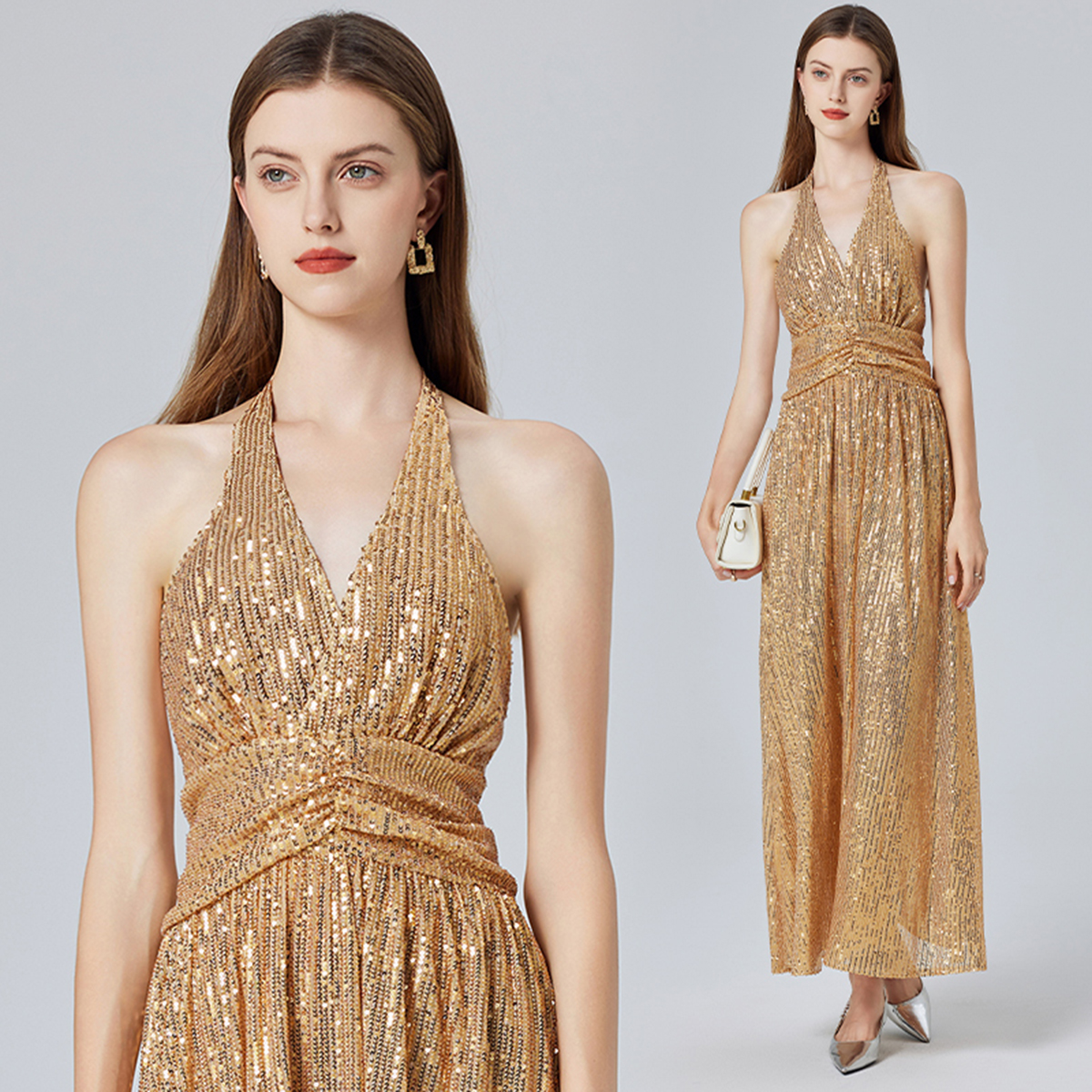 Real shot of sexy European and American gold sequin suspender, backless split dress, high waisted A-line skirt