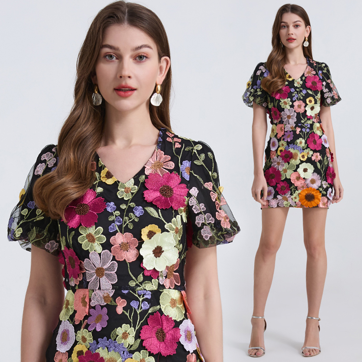 Real shot 773 # Heavy Industry Embroidered 3D Stickers Summer Elegant Bubble Sleeve Dress V-neck Small Dress