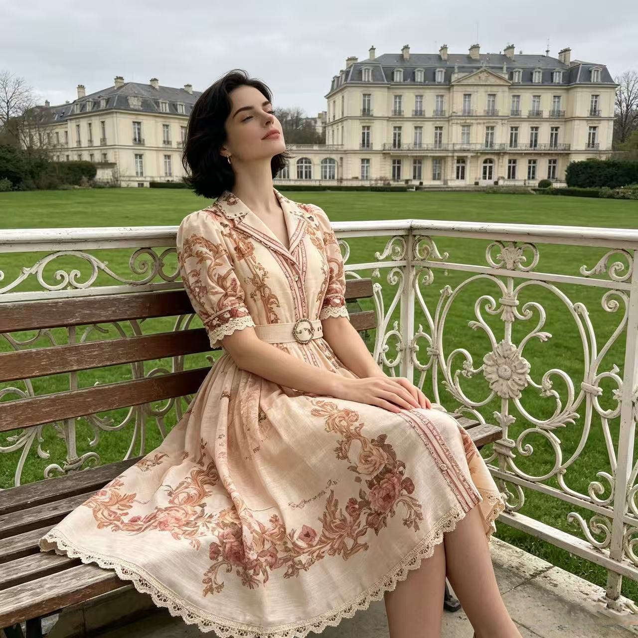 European and American niche retro printed small lapel bubble sleeve lace nail bead large swing waist slimming dress two-piece set European and American niche retro printed small lapel bubble sleeve lace nail bead large swing waist slimming dress two-piece set
