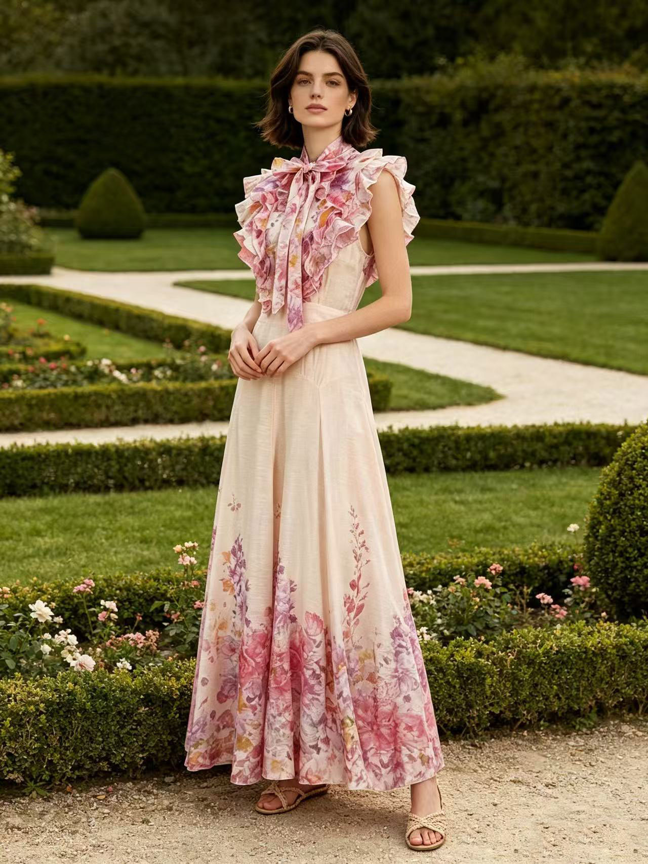Elegant temperament two-piece dress set from Z Australia, heavy industry flower sleeveless ruffled shirt+high waisted skirt Elegant temperament two-piece dress set from Z Australia, heavy industry flower sleeveless ruffled shirt+high waisted skirt