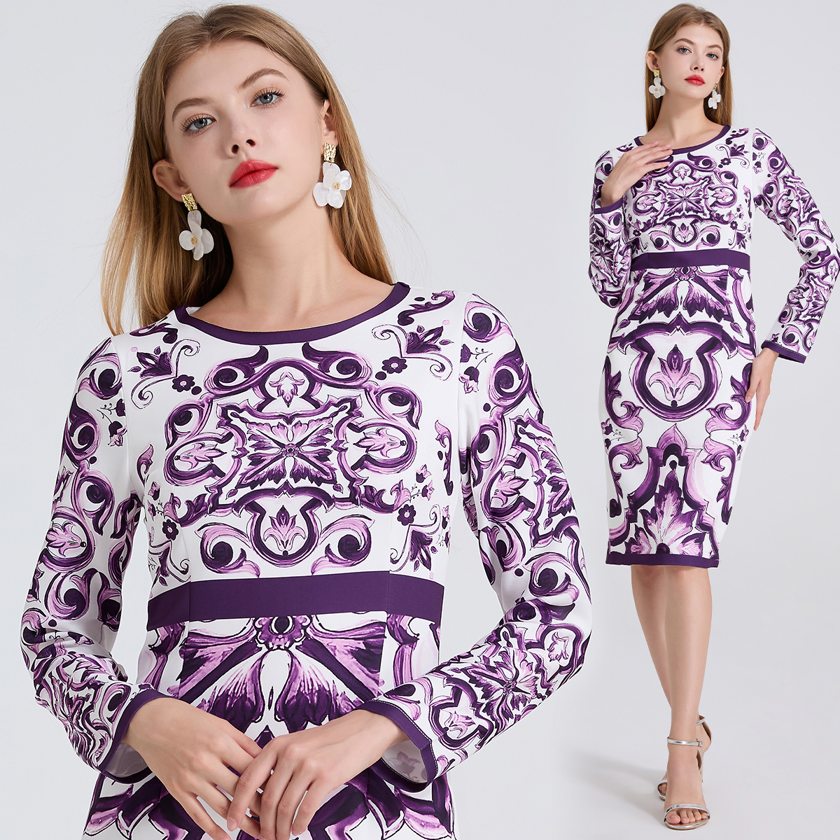 239 New Color Enhancement European and American Positioning Printed Temperament High Waist Bag Hip Dress High Waist Long Sleeve Round Neck Skirt
