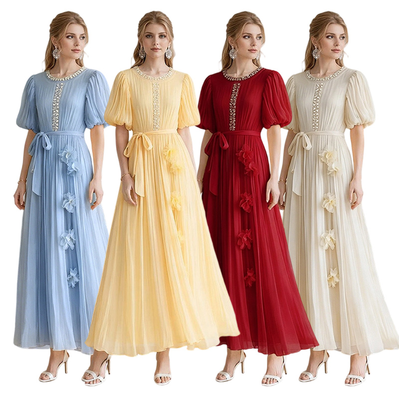 2026 Fashionable Bohemian Dress with Bubble Sleeves and Lace Splicing Design, Long Dress