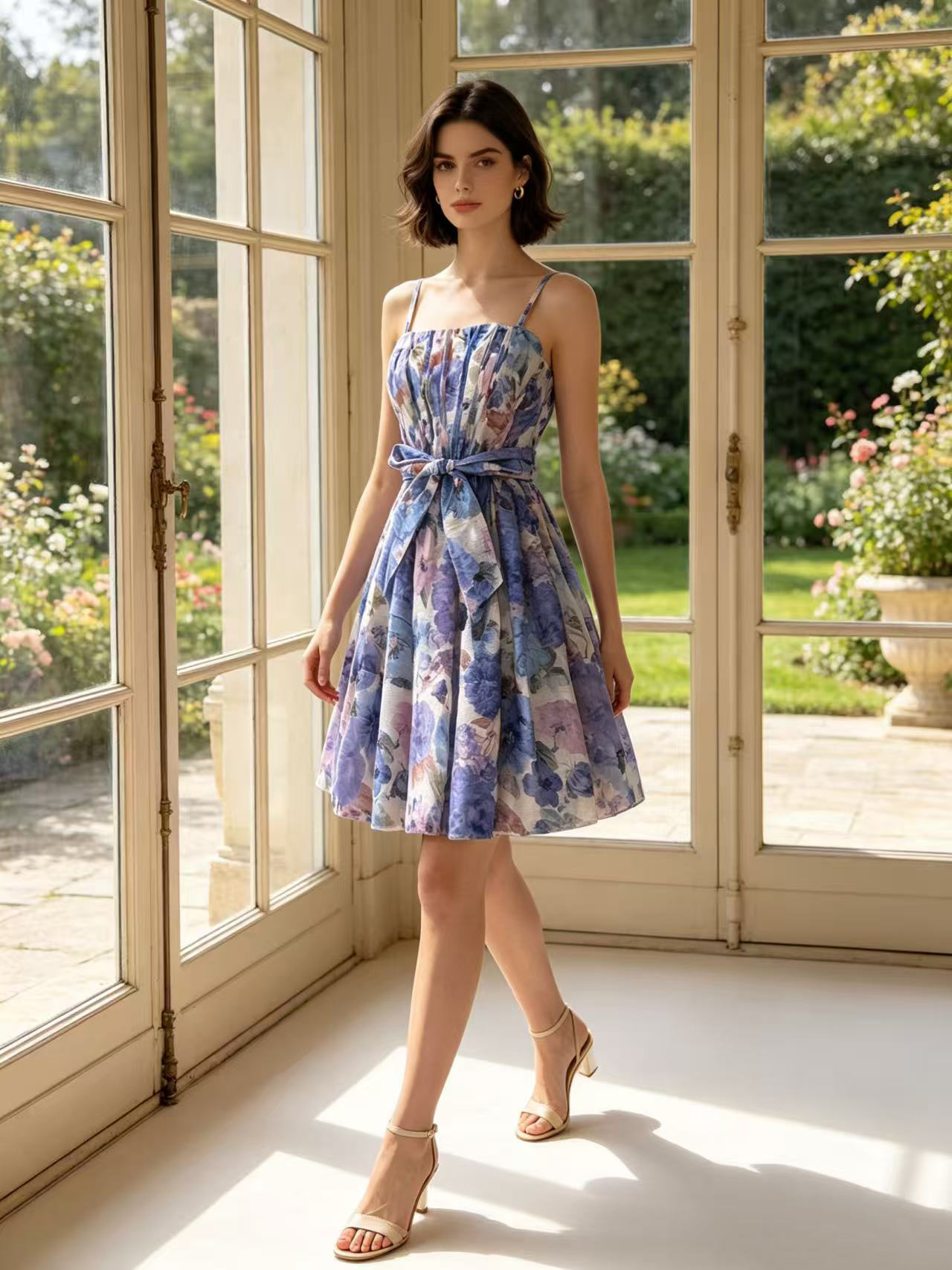 Australian summer vintage printed high waisted lace up holiday style fluffy short dress printed sleeveless camisole skirt Australian summer vintage printed high waisted lace up holiday style fluffy short dress printed sleeveless camisole skirt